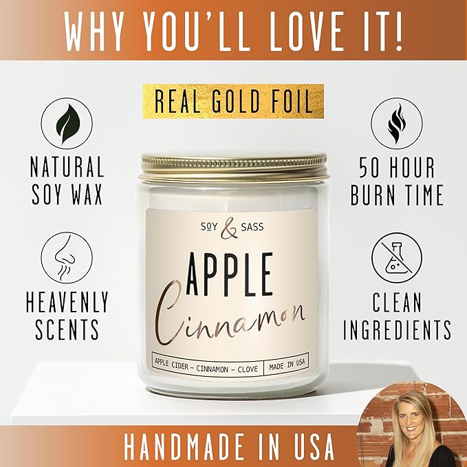 Apple Cinnamon Candles, Cinnamon Apple Candle - 'Apple Cinnamon' Infused w/Essential Oils I Scented Strong Soy Candles for Home for Christmas/Fall I Apple Pie Candle I 50Hr Burn, Made in USA