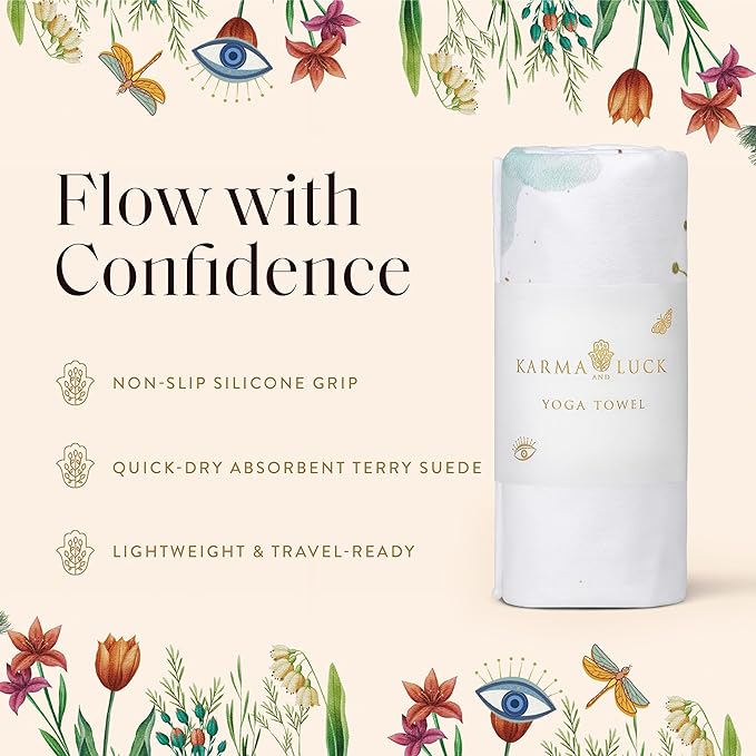 KARMA AND LUCK Serenity Flow Yoga Towel, Lightweight Terry Suede Mat Cover for Calm & Balance, Non-Slip, Quick-Dry Silicone Base, Ideal for Hot Yoga & Meditation, 26” x 72”