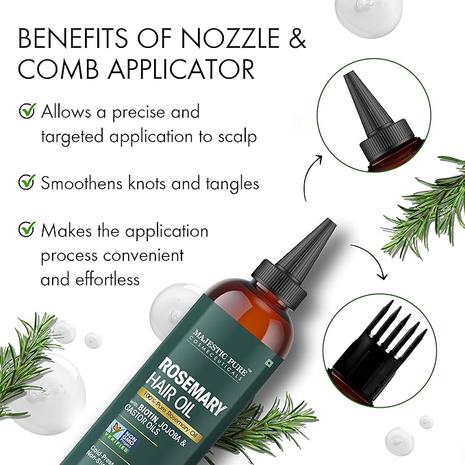 Majestic Pure 100% Pure Rosemary Oil for Hair Growth - Strengthening, Nourishing, Volumizing - Infused with Biotin Oil, Jojoba Oil & Castor Oil - Non GMO Verified - 4 Fl Oz - With Applicator
