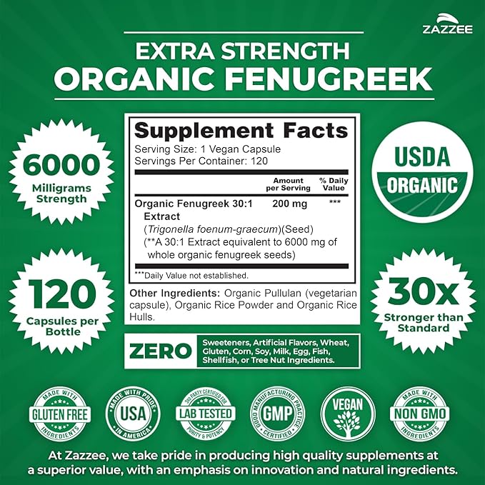 Zazzee USDA Organic Fenugreek 30:1 Extract, 6000 mg Strength, 120 Vegan Capsules, 4 Month Supply, Standardized and Concentrated 30X Extract, 100% Vegetarian, All-Natural and Non-GMO (Pack of 2)