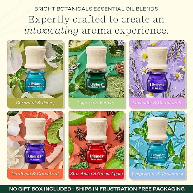 Lifelines Essential Oil Blends, 6-Pack Bright Botanicals Set - Blended Essential Oils with Precision Pump for Aromatherapy Diffusers - Long-Lasting Scented Fragrance - Focus, Calm & Energy Blends