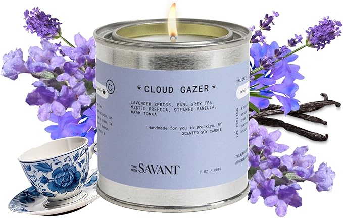 The New Savant Scented Candle - Cloud Gazer - Aesthetic Candle for Home, Lavender, Vanilla, Earl Grey Tea & Cedarwood, Soy Wax Blend, Vegan & Cruelty-Free, 50-Hour Burn Time - 7oz