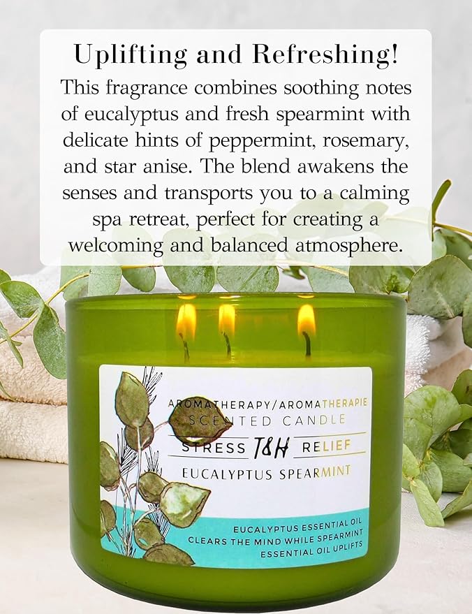 Eucalyptus Spearmint Aromatherapy Candle 3-Wick | Soy Scented Candle for Home 15.8 oz | Stress Relief Candle | Spa Candles Gift for Relaxation, Men & Women | Long Lasting Eucalyptus Candles
