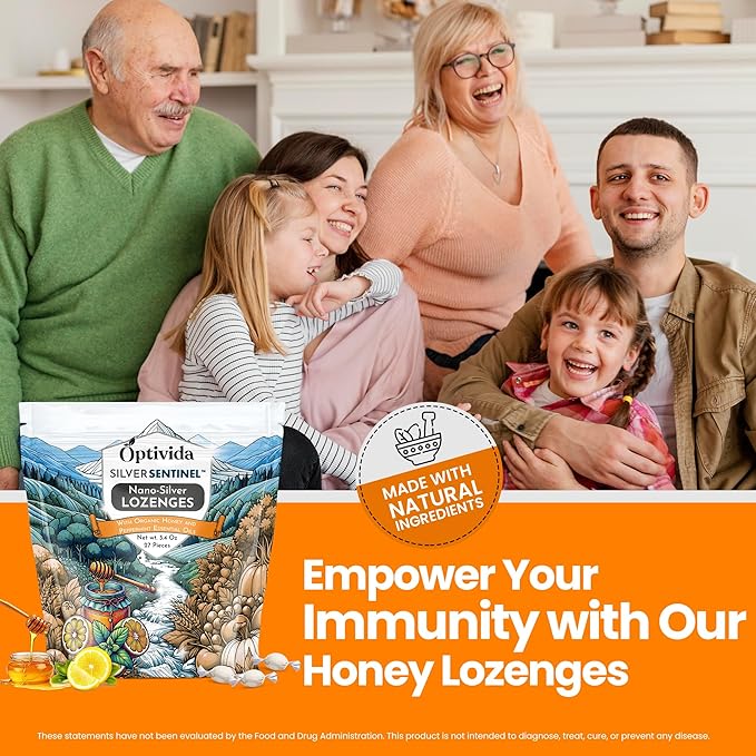 OPTIVIDA Nano Colloidal Silver Lozenges 60 PPM - Organic Cough Drops for Adults - Soothing Natural Honey Sore Throat Lozenges for Immune Support - Cold & Cough Relief Formula for Adults & Kids - 27ct