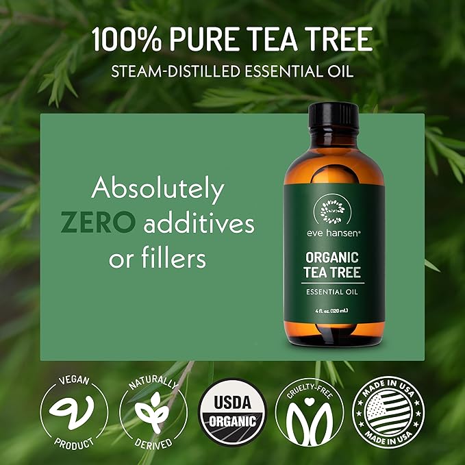 Eve Hansen Organic Tea Tree Essential Oil (2oz) | 100% Melaleuca Alternifolia Pure Tea Tree Oil for Skin, Scalp, Nails, Cuticles, Aromatherapy Diffusers, Household and DIY Uses
