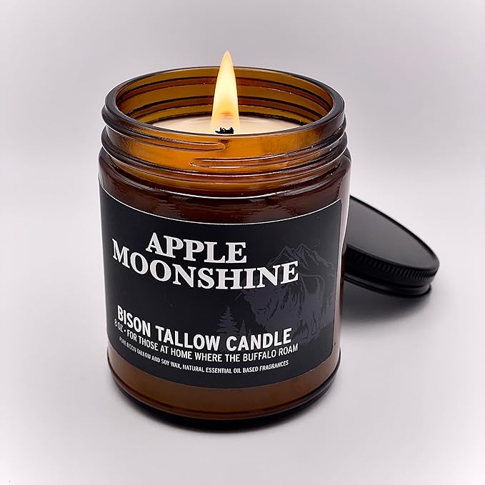 Big Crazy Buffalo Pure Bison Tallow Scented Candle, Apple Moonshine, 8 oz - Scents of Apple, Cinnamon, & Orange - Pure, Low Smoke, Beeswax, Traditional Tallow, Glass Jar
