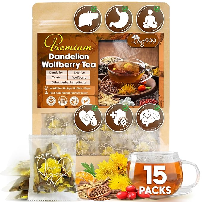 TOG999, Organic Dandelion Wolfberry Tea, 9 Herbal Ingredients, Traditional Recipe Tea for Kidney & Liver, Natural Dandelion, Wolfberry, Gardenia, Cassia Seed, Chrysanthemum, Licorice, Orange Peel