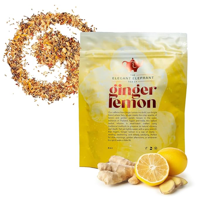 Ginger Lemon Tea, Loose Leaf Herbal Tea – Helps Reduce Nausea and Motion Sickness – Detox & Immunity Support – Drink Hot or Iced – 4 oz Resealable Bag (Makes 50 Cups) – The Elegant Elephant
