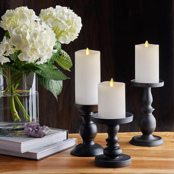 Luminara Realistic Flameless LED Candle White Set of 3, Battery Operated with Remote Control, Moving Flame Pillar Timer Funtion Melted Top Safe