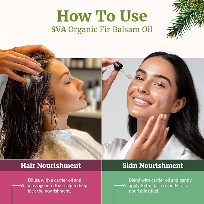 SVA Fir Balsam Essential Oil Organic – 4 Fl Oz – 100% Natural Organic Fir Oil - for Diffuser, Hair Care, Face, Skin Care, Aromatherapy, Scalp and Body Massage, Soap and Candle Making – with Dropper
