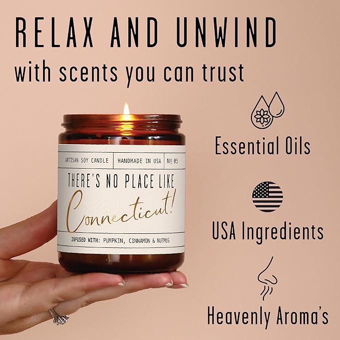 Connecticut Gifts, Connecticut Decor for Home - 'There's No Place Like Connecticut Candle, w/Pumpkin, Cinnamon & Nutmeg I Connecticut Souvenirs I Connecticut State Gifts I 9oz Jar, 50Hr Burn, USA Made