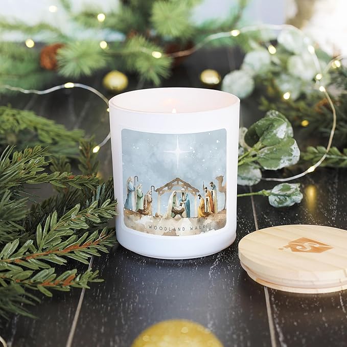 Simply Said, INC Christmas Candle, Watercolor Nativity Scene, Woodland Walk Scented 2 Wick 11 oz Premium Soy Candle, Hand Poured in USA, CDL1405
