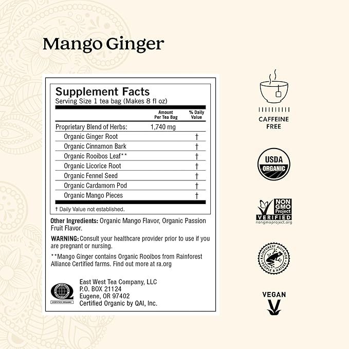 Yogi Tea Mango Ginger Tea - 16 Tea Bags per Pack (6 Packs) - Organic Ginger Root Tea to Support Healthy Digestion - Contains Antioxidants - Includes Cinnamon Bark, Rooibos Leaf, Mango Flavor & More