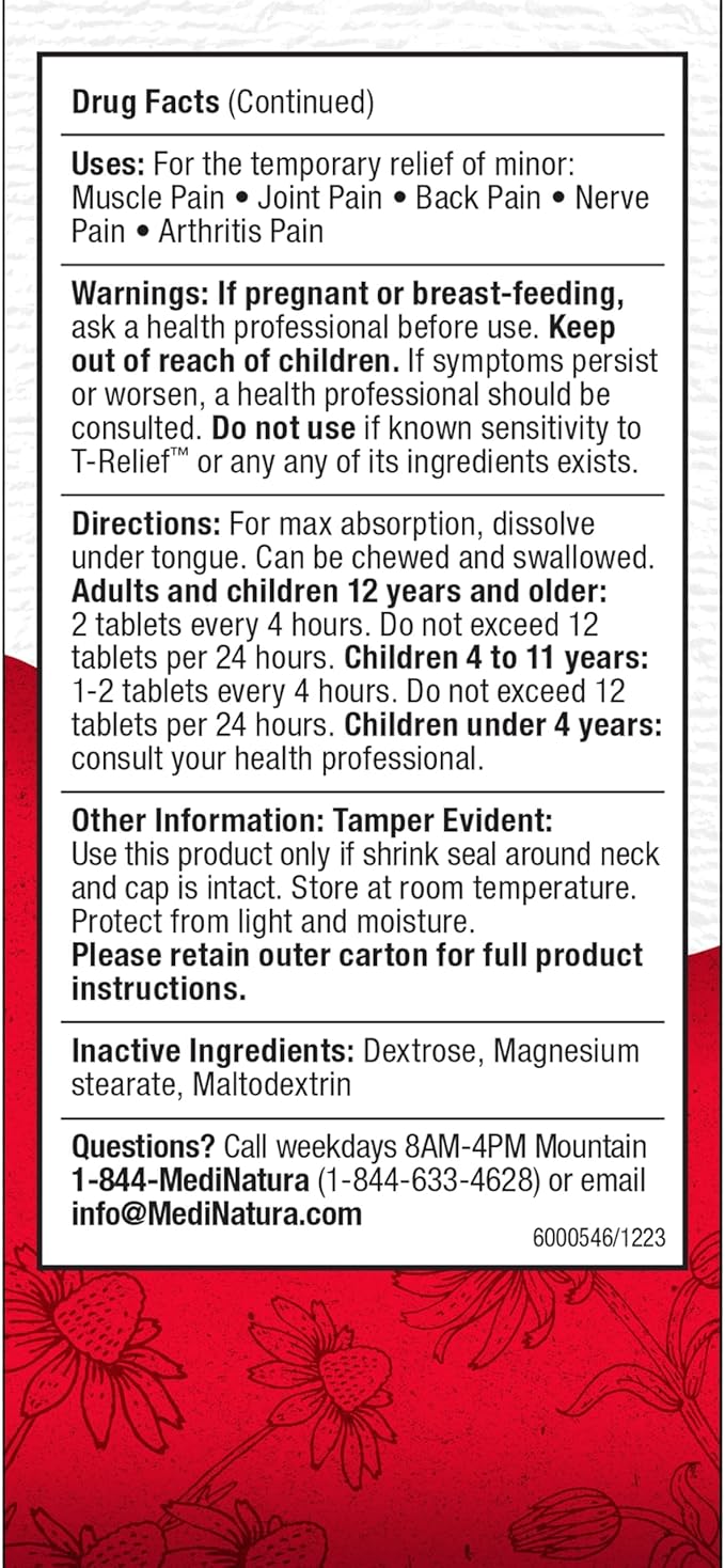 MediNatura T-Relief Arnica +12 Natural Actives - Whole Body Fast-Acting Formula for Women & Men - 100 Tablets