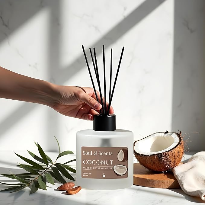 Soul & Scents Reed Diffuser Set – Coconut | 7.43 oz Refillable Scented Oil with 6 Fiber Sticks | Long-Lasting Home Fragrance & Air Freshener for Bedroom, Bathroom, Office | Gift & Décor Piece