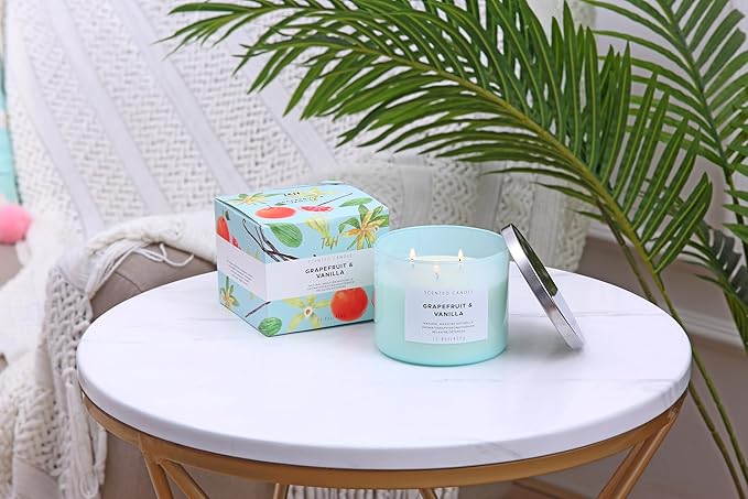 Grapefruit Vanilla 3 Wick Scented Soy Candle, 15.8 oz - Citrus & Vanilla Aromatherapy Stress Relief Candle for Home - Long Lasting Clean Burn, Highly Scented, Strong Throw - Housewarming Gift
