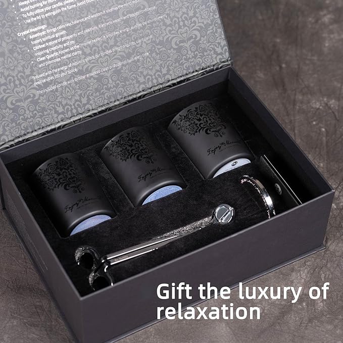 Luxury Black Scented Candles Gift Set for Men – 3×7oz Soy & Beeswax Crystal Candles with Wick Trimmer & Snuffer, Masculine Woodsy Aromatherapy Candles for Home, Birthday & Holiday Gifts for Him