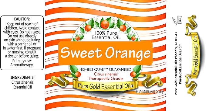 Pure Gold Essential Oils - Orange (Sweet) Essential Oil - 0.33 Fluid Ounces
