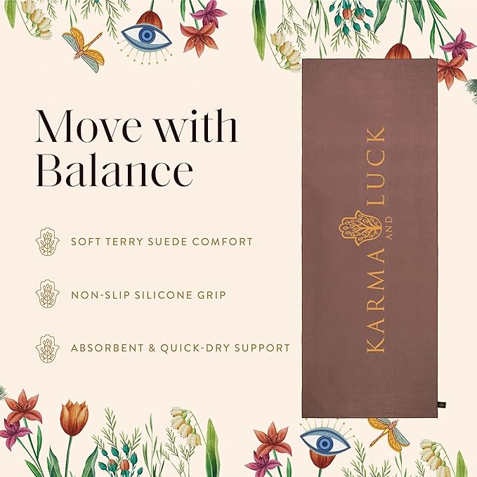 KARMA AND LUCK Sacred Harmony Yoga Towel, Absorbent, Non-Slip Hot Yoga Mat Towel, Silicone Grip & Soft Terry Suede for Mindful Movement & Spiritual Alignment, 26” x 72”