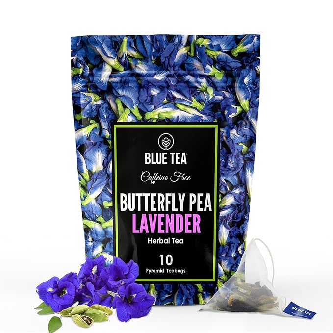 BLUE TEA - Butterfly Pea Flower Tea - Lavender - 10 Count - Pyramid Plant Based Tea Bag | CALMING AND RELAXING | Caffeine Free - Detox Tea - Flower Based - Non-Bitter | Zipper Pack