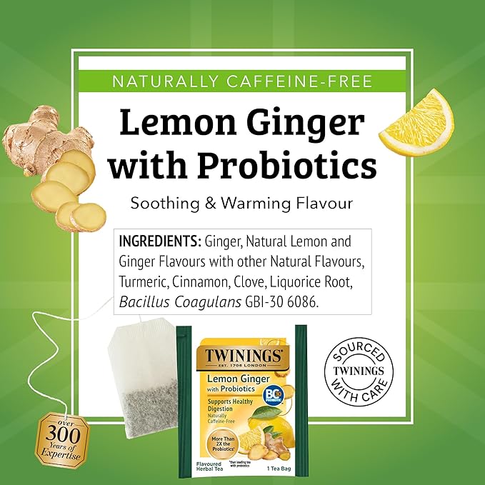 Twinings Superblends Probiotics+ Lemon & Ginger Flavoured Herbal Tea with Turmeric, Caffeine-Free, 18 Count (Pack of 2), Enjoy Hot or Iced, 18 Teabags