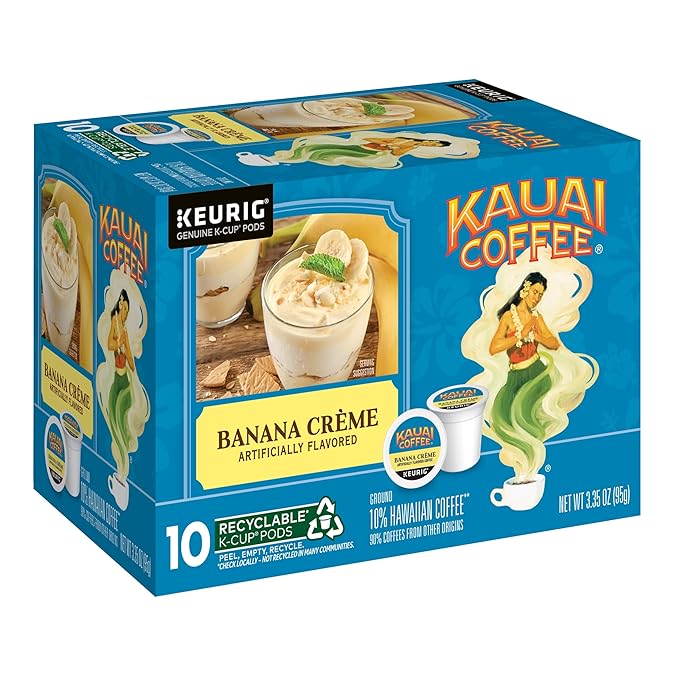 Kauai Coffee K-Cup Pods for Keurig Brewers – Arabica Coffee, 10% Hawaiian – Medium Roast, Banana Flavor with Creamy Vanilla – Banana Crème, 1 Pack of 10 Single Serve K-Cups