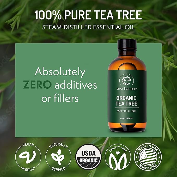 Eve Hansen Organic Tea Tree Oil (4oz) | Melaleuca Alternifolia | Pure Tea Tree Essential Oil for Skin, Scalp, Nails and Aromatherapy