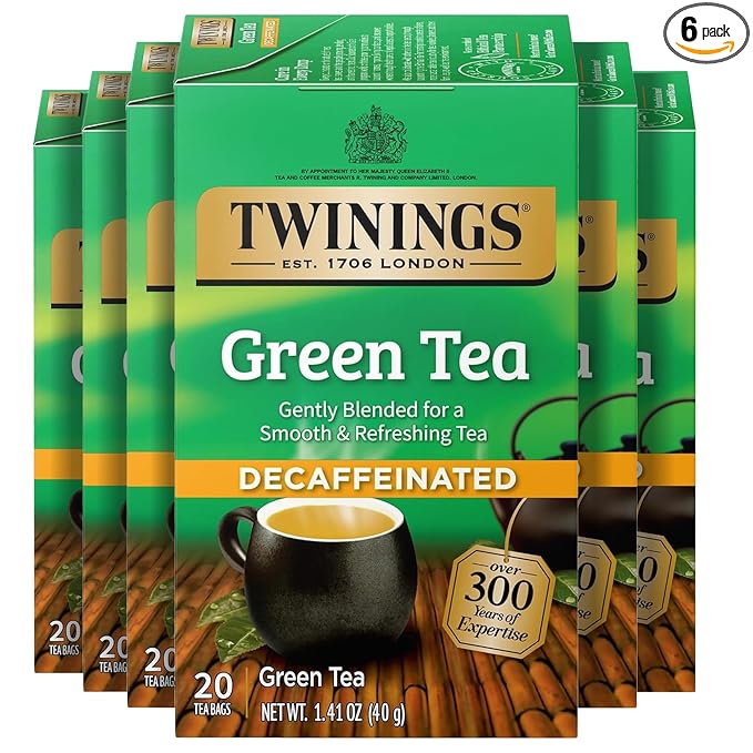Twinings Decaffeinated Green Tea Individually Wrapped Bags, 20 Count (Pack of 6), Smooth Flavour, Enticing Aroma, Enjoy Hot or Iced, 120 Teabags