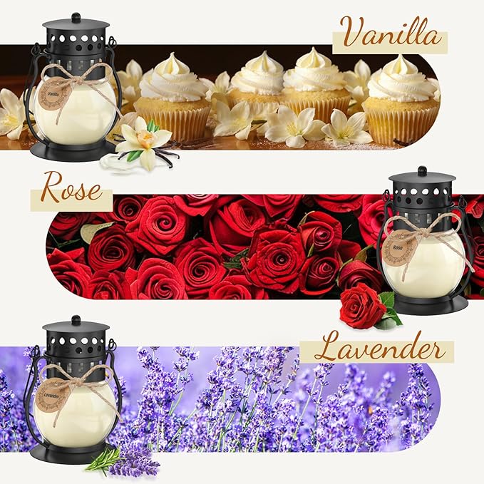Scented Candles Gift Set - 3 Pack Candles for Home Scented Retro Lantern, Fall Candle Set Perfect for Women, Birthday, Yoga, Weddings, Christmas - Soy Wax Candle Vanilla, Rose, Lavender