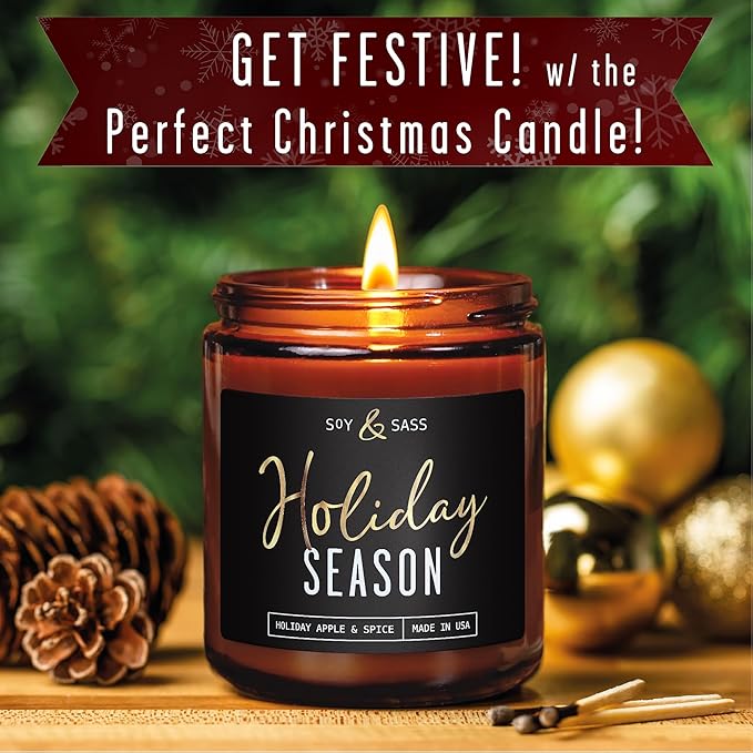 Holiday Candles, Christmas Candles Scented – ‘Holiday Season’ Soy Candle, w/Apple, Cinnamon & Clove - Infused with Essential Oils I Holiday Candle I 9oz, 50Hr, Made in USA