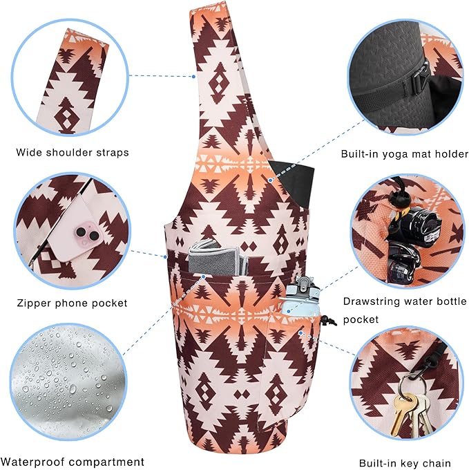 Yoga Mat Bag - Large Opening Long Tote Yoga Mat Carrier Holder Bag with Waterproof Wet Zipper Pocket and Drawstring Water Bottle Pocket - Yoga Bag Fit Most Size Mats