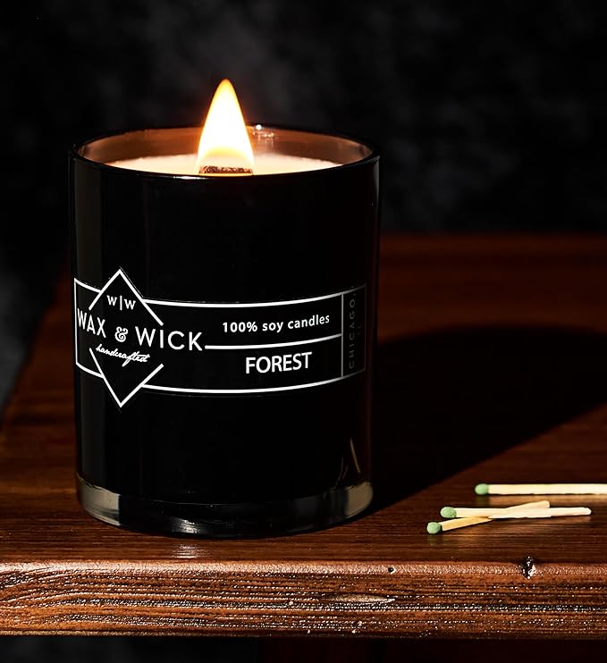 Wax and Wick 12oz Scented Candle for Men, 100% Soy Wax, Double Wood Wick, Black Jar, Forest Scent, Long Lasting, Masculine Scents, Perfect for Home, Mancave, Bachelor Pad, Men's Gift - Made in USA