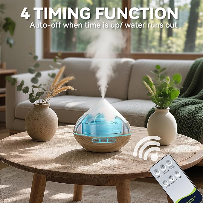 Essential Oil Diffuser for Home 500ML, Ultrasonic Large Diffuser Oil Machine with Remote Control, Aromatherapy Diffusers for Home Office Room, Aroma Diffuser with 14 Color LED & 2 Mist Mode, Brown