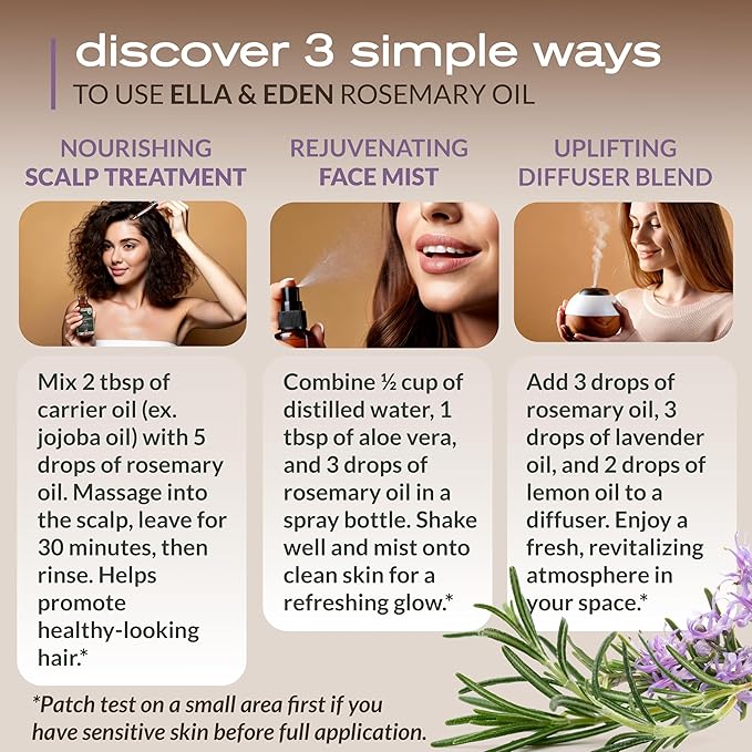 Ella & Eden Organic Rosemary Essential Oil - BIG 4 Fl Oz bottle, 100% Pure, Steam-Distilled, Hexane-Free - for Hair Growth, Skin, Aromatherapy - Glass Bottle