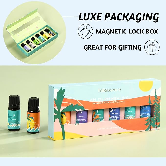 Folkulture AM to PM Essential Oils Set for Diffuser | Set of 6 Everyday Aromatherapy Oils | Palo Santo, Lavender, Sandalwood, Citrus & Balanced Blends | Home Fragrance Oils & Wellness Gift Set