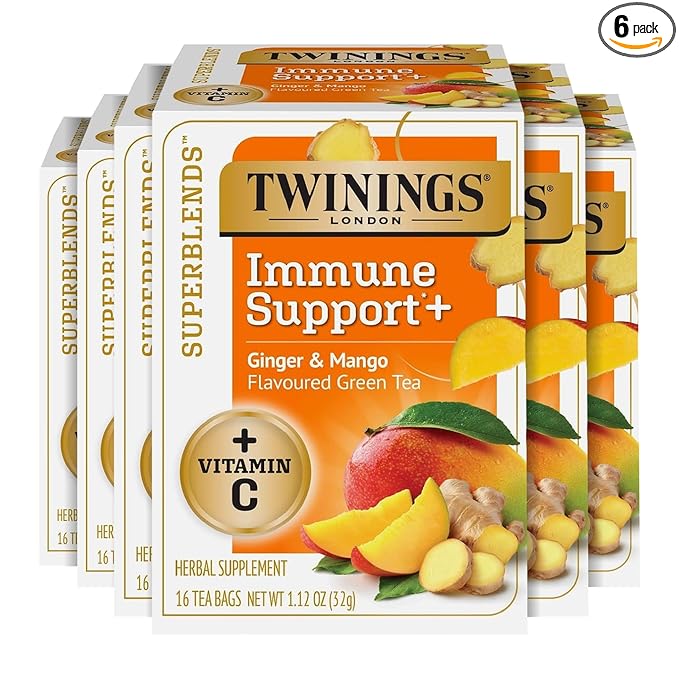 Twinings Superblends Immune Support+ Herbal Tea with Vitamin C, Ginger & Mango Flavoured Green Tea, 16 Tea Bags (Pack of 6), Naturally Caffeine-Free, Enjoy Hot or Iced, 96 Teabags