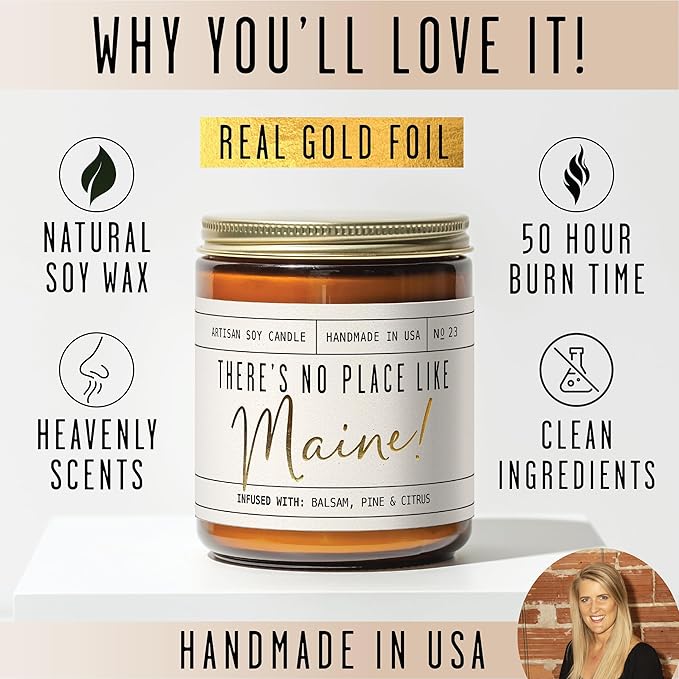 Maine Gifts, Maine Decor for Home - 'There's No Place Like Maine Candle, w/Balsam, Pine & Citrus I Maine Souvenirs I Maine State Gifts I 9oz Jar, 50Hr Burn, USA Made