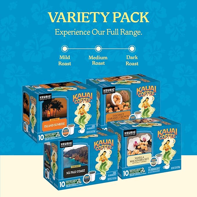 Kauai Coffee K-Cup Pods for Keurig Brewers – Arabica Coffee, 10% Hawaiian – Mild, Medium and Dark Roast, Rich, Smooth, No Bitterness – Four Flavors, 4 Packs of 10 Single Serve K-Cups