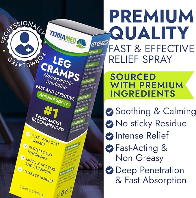 Terramed Just Think Comfort Fast Acting Leg Cramp Relief Aerosol Spray | Pain Relief for Muscle Spasms, Soreness, & Foot and Calf Cramps | Homeopathic Medicine for Restless Legs Syndrome Relief