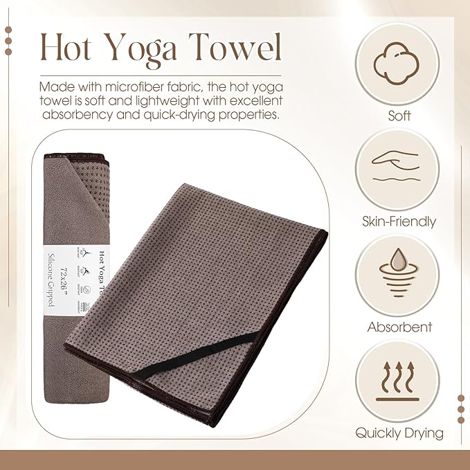 Hahafelt 3 Pack Non Slip Hot Yoga Mat Towel with Grip Dot and Secure Fit Elastic Straps 72" x 26" Microfiber Yoga Towel Absorbent Sweat for Pilates Fitness (Beige Dark Gray Coffee)