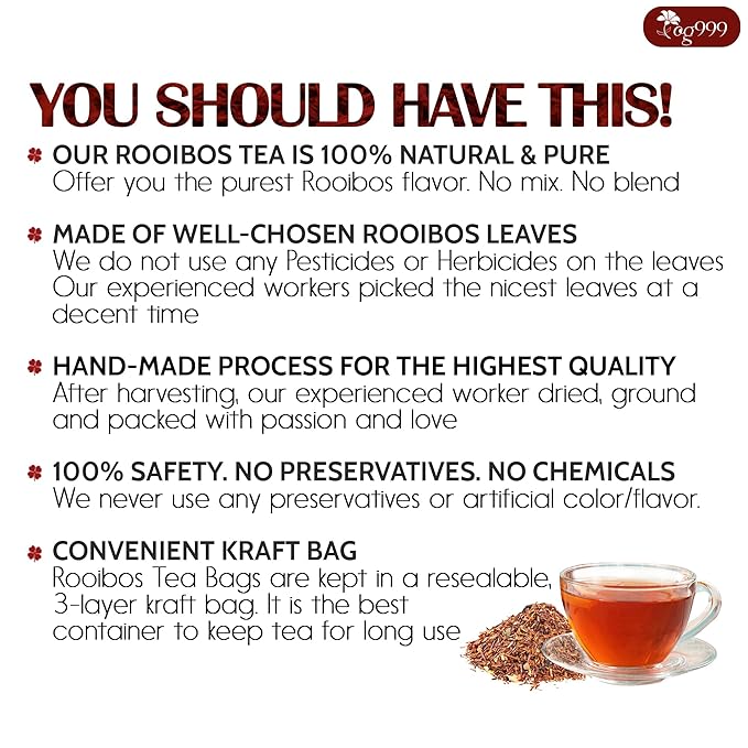 TOG999, 135 Premium Red Rooibos Tea Bags, 100% Natural & Pure from Rooibos Tea Leaves. Loose Leaf Rooibos Herbal Tea. Made with Natural Material Tea Bags. No Sugar, No Caffeine, No Gluten, Vegan.