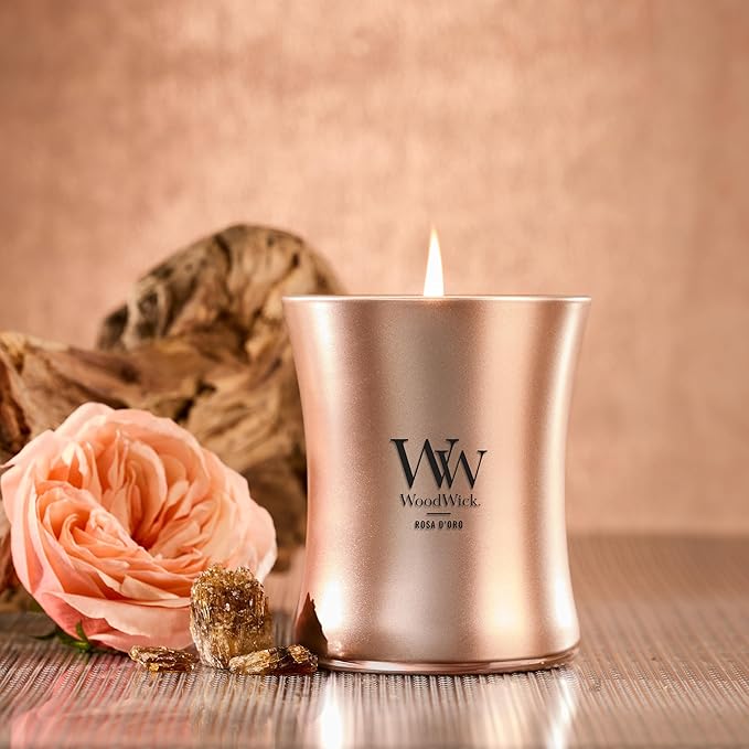 WoodWick Rosa D'oro Holiday Candle Gifts for Women and Men, 9.7 oz Precious Metals Collection with Crackling Wick