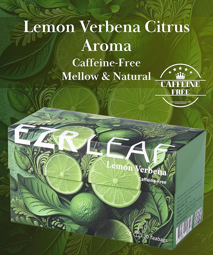 EZR Leaf Lemon Verbena Herbal Tea Caffeine-Free Decaf Relaxing Blend 20 Pyramid Tea Bags 1.4 Once with Rooibos, Lavender, Lemongrass