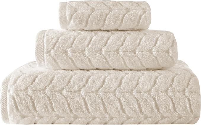 BAGNO MILANO Turkish Bath Towels, Soft Plush Jacquard Luxury Bath Towels, Quick Dry Towel Set (Cream, 3 pcs Towel Set)