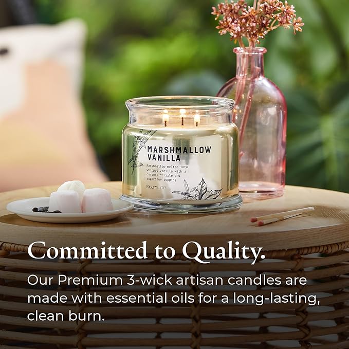 PartyLite Marshmallow Vanilla Scented with Caramel & Sugarcane Notes, 13.2oz 3-Wick Jar Candle, 45 Hour Burn Time, Luxurious Fragrance, Ideal for Gifting