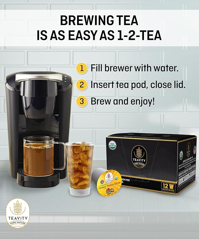 Organic Yerba Mate Tea Pods for Keurig - Green, Unsmoked Yerba Mate by Teavity (36 Tea Pods)