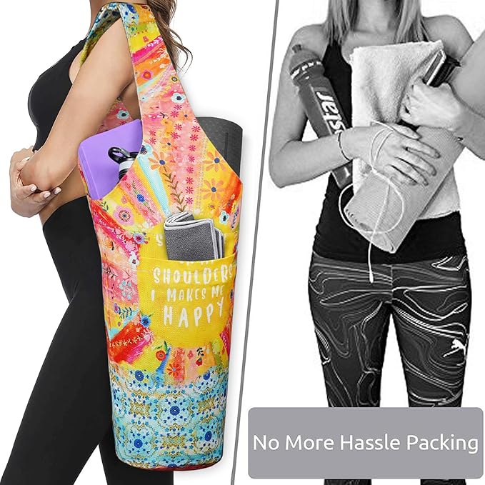 Fashion Printed Yoga Mat Bag with Large Side Pocket & Zipper Pocket Long Tote Yoga Bag Fit Most Size Mats - Holds More Yoga Accessories
