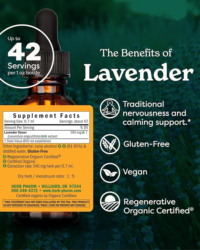Herb Pharm Certified Organic Lavender Flower Liquid Extract for Calming Nervous System Support, 1 Fl Oz