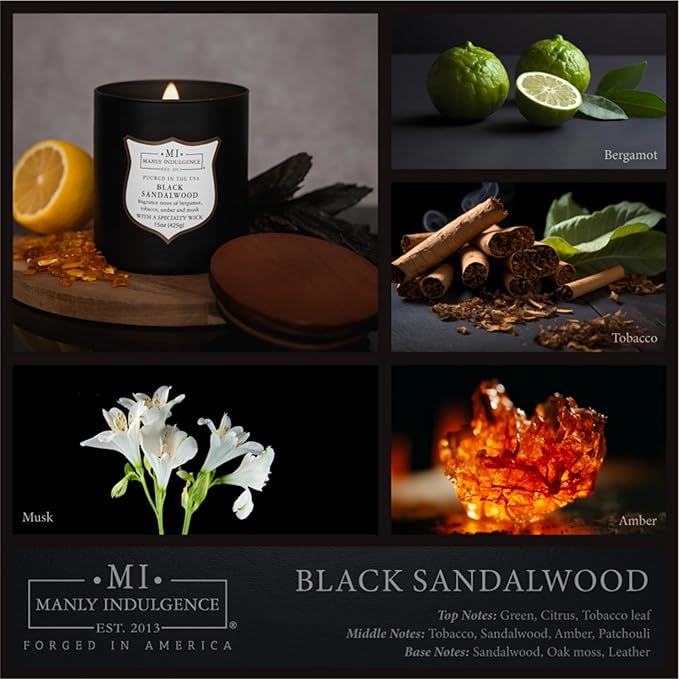 Manly Indulgence Black Sandalwood Scented Candle for Men 15 oz – Bergamot, Tobacco, Amber & Musk - Wood Wick - Up to 60 Hours Burn - Soy Blend Wax, USA Poured – Signature Collection