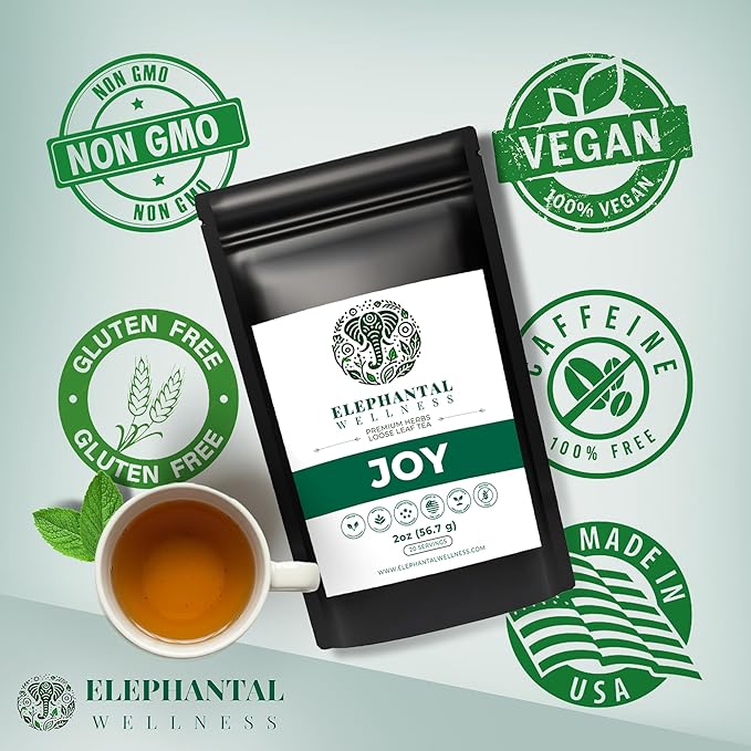 Elephantal Wellness Premium Joy Herbal Tea | Mood & Emotional Balance Support with St. John’s Wort, Kava, Ginkgo & Lavender | Handmade, Non-GMO, Caffeine-Free Loose Leaf Blend, 2oz, 20 Servings